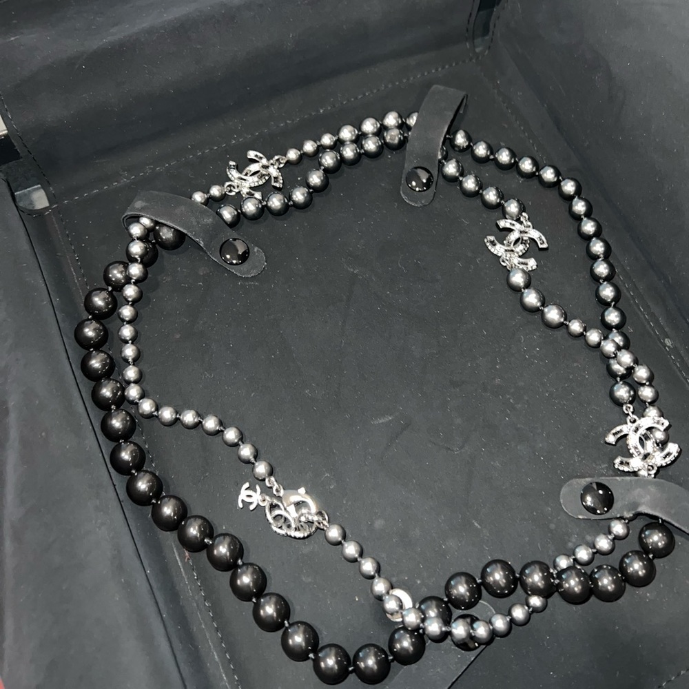 Authentic Chanel Black-gray CC Logo Faux Pearl and Crystal.
